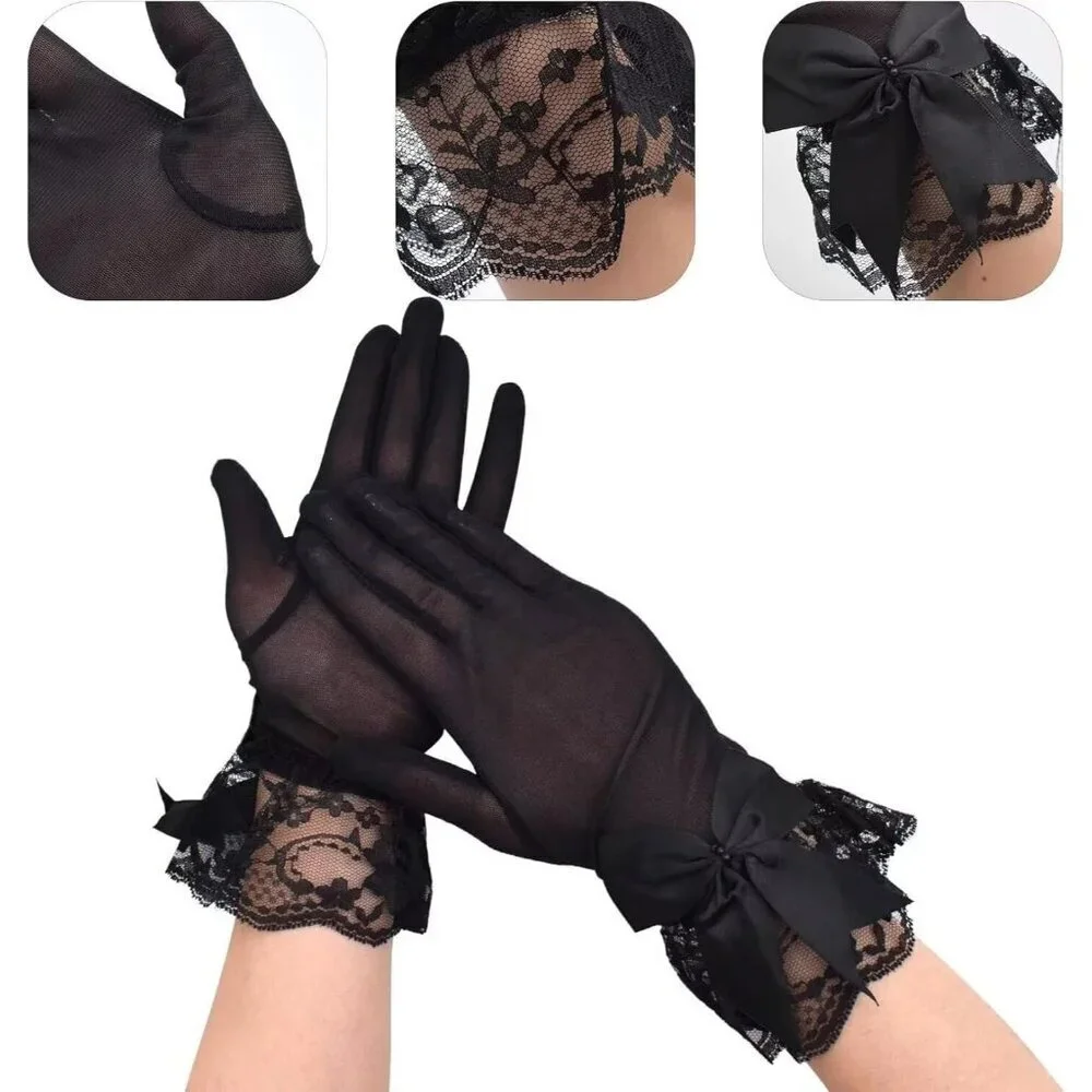 Women's Embellished Satin Black Pearl Bow Gloves Elegant Finger Accessory